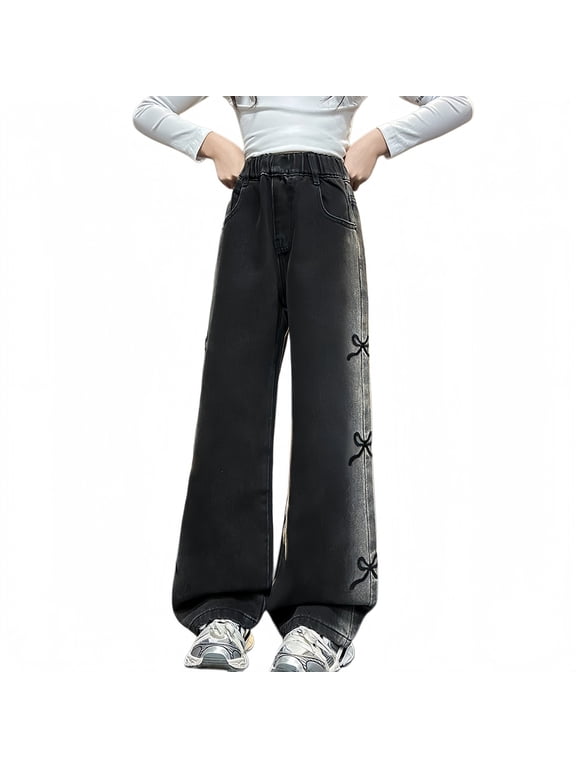 Teen Girls Y2k Baggy Jeans Wide Leg High Waist Elastic Waist Vintage Aesthetic Cargo Denim Pants (Black, 11-12 Years)
