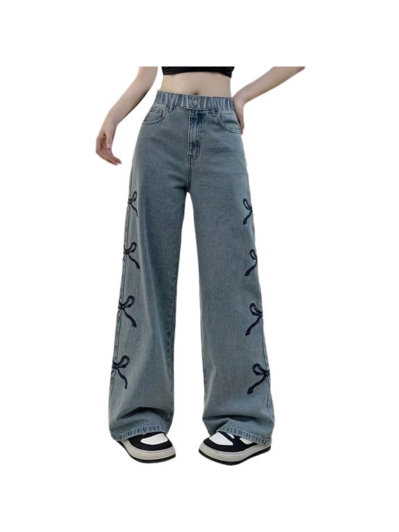 Teen Girls Y2k Baggy Jeans Wide Leg High Waist Elastic Waist Vintage Aesthetic Cargo Denim Pants (Blue-A, 13-14 Years)
