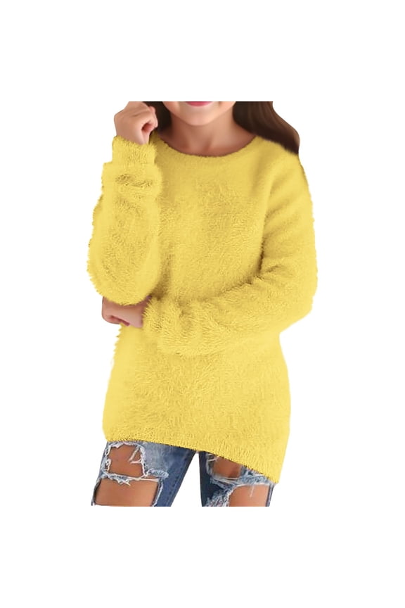 Teens Girls Fleece Sweatshirt, Fall Winter Warm Furry Pullover, Long Sleeve Cute Trendy Plain Thick Tops for Casual Wear (Yellow, 9-10 Years)