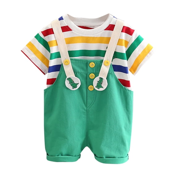 GiLiling Toddler Baby Boys Girls Summer Outfit Set - Short Sleeve Striped T Shirt with Cute Overalls 2 Piece Set (Green, 18-24 Months)