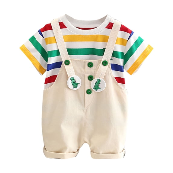 GiLiling Toddler Baby Boys Girls Summer Outfit Set - Short Sleeve Striped T Shirt with Cute Overalls 2 Piece Set (White, 12-18 Months)