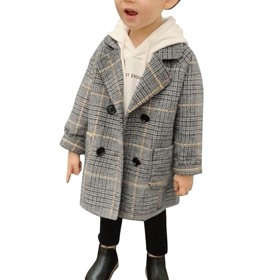 GiLiling Toddler Baby Boys and Girls Plaid Jacket Elegant Notched Collar Double Breasted Wool Blend Over Pea Coat Trench Coat (Beige, 5-6 Years)