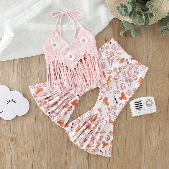 GiLiling Toddler Baby Girls Summer 2 Piece Outfit with Floral Tassel Vest and Flared Pants for Casual Wear and Travel (Pink, 6-12 Months)