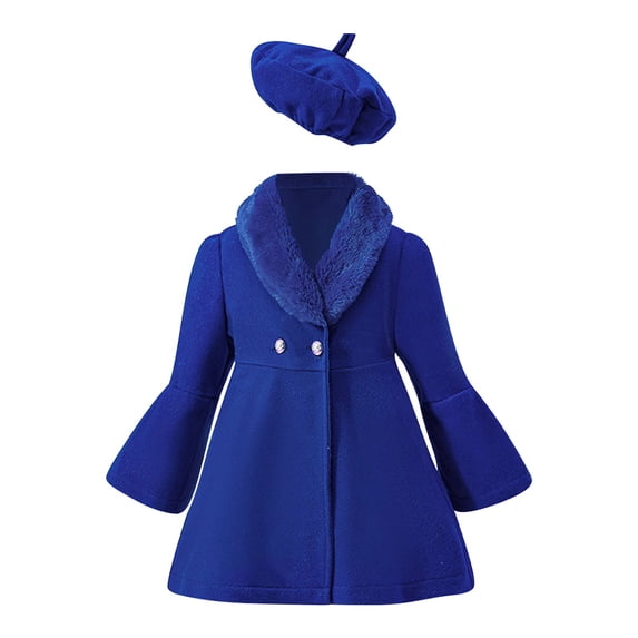 GiLiling Toddler Baby Girls Wool Blend Solid Color Coat Flare Long Sleeve Lapel Trench with Hats Winter Warm Clothes New Stuff (Blue, 12-18 Months)