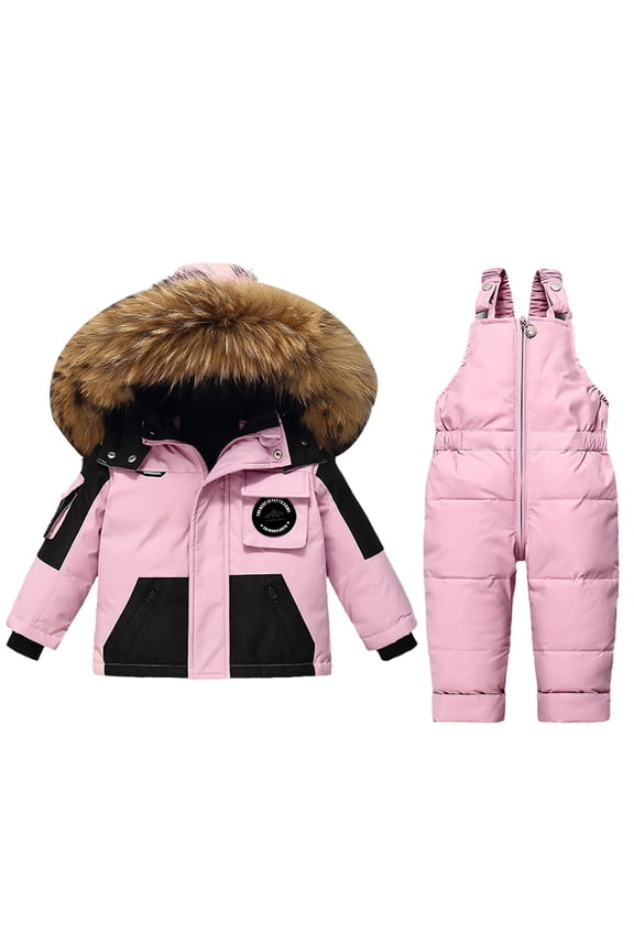 Toddler Baby Ski Suit Set for Boys and Girls, 2-Piece Hooded Snowsuit, Fleece Ski Outfit, Windproof Waterproof Puffer Ski Clothes (Pink, 3-4 Years)