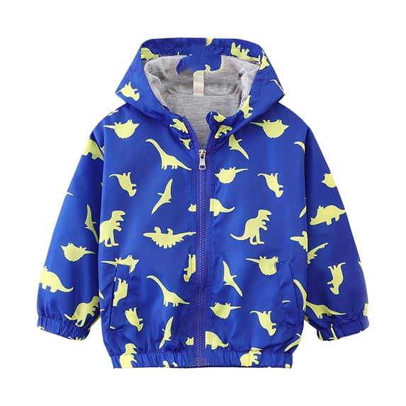 GiLiling Toddler Boy's Cartoon Dinosaur Hooded Jacket Full Zip up Lightweight Windbreakers Outdoor Raincoat with Pocket (Blue, 18-24 Months)
