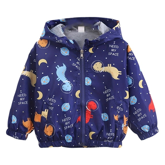 GiLiling Toddler Boy's Cartoon Dinosaur Hooded Jacket Full Zip up Lightweight Windbreakers Outdoor Raincoat with Pocket (Light Blue, 5-6 Years)