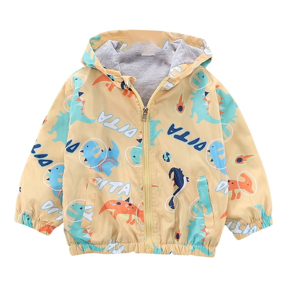 GiLiling Toddler Boy's Cartoon Dinosaur Hooded Jacket Full Zip up Lightweight Windbreakers Outdoor Raincoat with Pocket (Yellow, 5-6 Years)