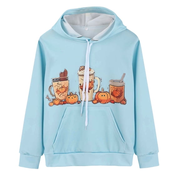 GiLiling Toddler Boys Girls Halloween Hooded Sweater, Pumpkin Print Long Sleeve Warm Outerwear Top for Fall Winter Wear (Light Blue, 7-8 Years)
