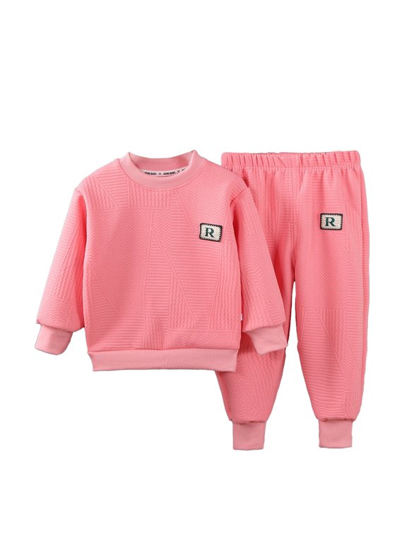 Toddler Boys Sweatsuit Set - Ribbed Long Sleeve Pullover Top and Jogger Sweatpants, 2 Piece Fall Winter Outfit (Pink, 6-12 Months)