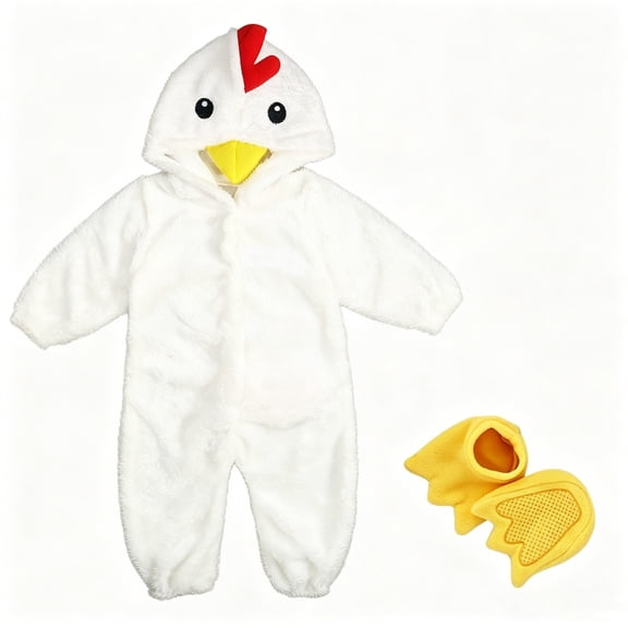 GiLiling Toddler Chicken Plush Hooded Full Body Jumpsuit With Matching Foot Soft Fuzzy Animal For Kids (White, 3-6 Months)