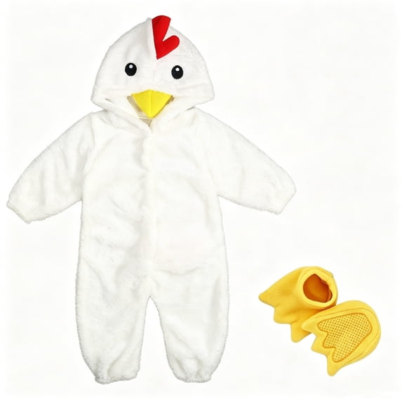 GiLiling Toddler Chicken Plush Hooded Full Body Jumpsuit With Matching Foot Soft Fuzzy Animal For Kids (White, 3-6 Months)