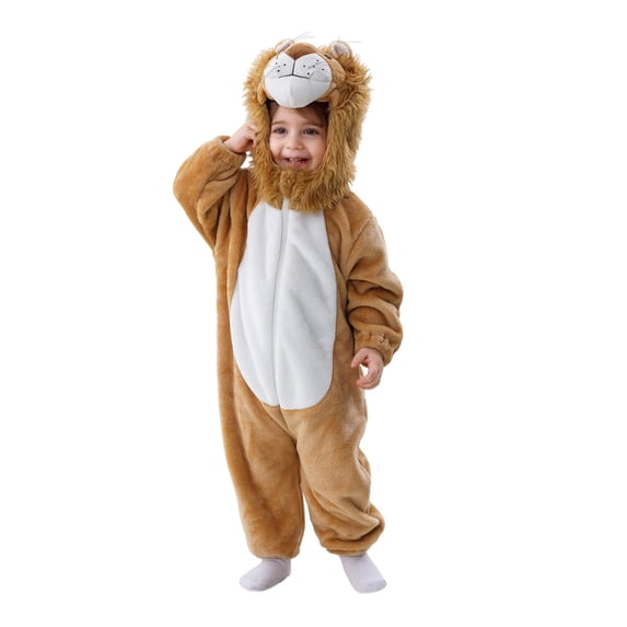 GiLiling Toddler Cute Lion Dress-Up Outfit for Girls and Boys - 3D Hooded Animal Jumpsuit with Tail for Halloween Party (Khaki, 18-24 Months)