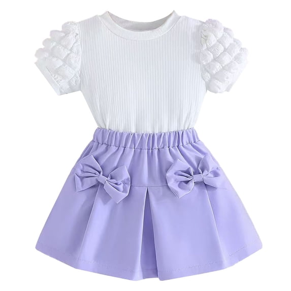 GiLiling Toddler Girl 2 Piece Summer Outfits Puff Short Sleeve Ribbed Knit Top and Mini Skirt Set Cute Kids Clothes (Purple, 6 Years)