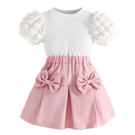 GiLiling Toddler Girl 2 Piece Summer Outfits Puff Short Sleeve Ribbed Knit Top and Mini Skirt Set Cute Kids Clothes (Red, 7 Years)