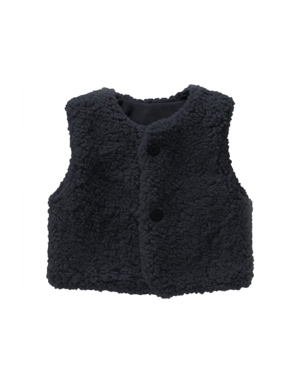 Toddler Girls Boys Infant Fuzzy Teddy Vest Coat Furry Fleece V-Neck Sleeveless Gilet with Button Down Warm Plush Sherpa Outerwear (Black, 5-6 Years)