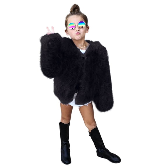 GiLiling Toddler Girls Faux Fur Jacket Open Front Fur Cardigan Trendy Shaggy Jacket Kids Girls Furry Coat Thicken Winter Coat (Black, 6-7 Years)