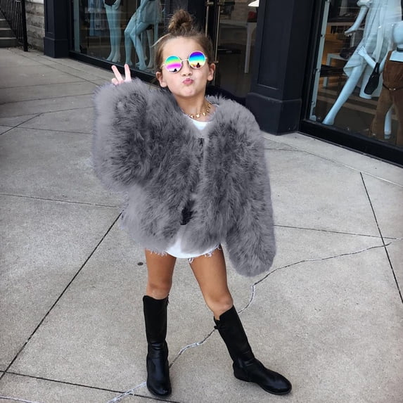 GiLiling Toddler Girls Faux Fur Jacket Open Front Fur Cardigan Trendy Shaggy Jacket Kids Girls Furry Coat Thicken Winter Coat (Grey, 2-3 Years)
