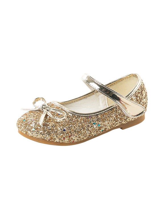 Toddler Girls Glitter Mary Jane Flats, Sparkly Ballet Dress Shoes with Bow Adjustable Strap, Non Slip Closed Toe Princess Shoes for Party Wedding School (Gold, 10-10.5 Years)