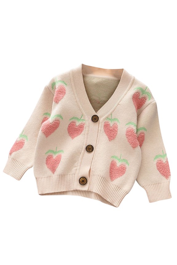 Toddler Girls Knit Cardigan - Long Sleeve Fruit Print Sweater Coat for Outdoor Play in Cool Weather (White, 1-2 Years)