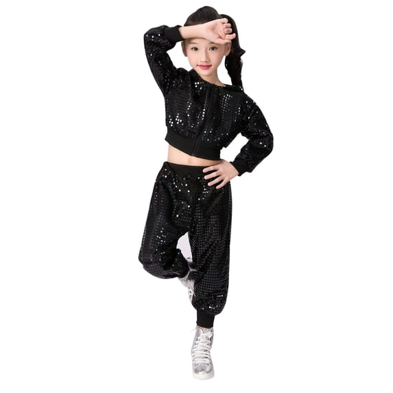GiLiling Toddler Girls Sequin Outfit Set - Long Sleeve Hip Hop Jazz Dance Sweatshirt and Pants, Performance Costume for Fall