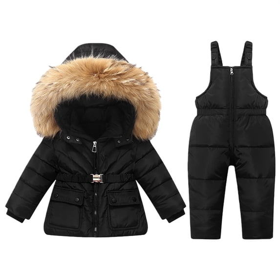 GiLiling Toddler Girls Snowsuit Set - Fur Trim Hooded Puffer Jacket and Snow Bib Pants, 2 Piece Ski Outfit (Black, 18-24 Months)