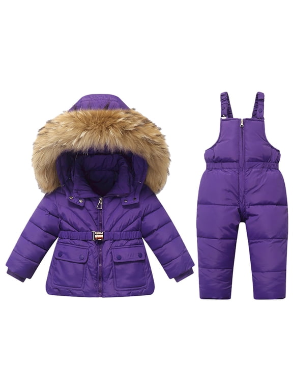 Toddler Girls Snowsuit Set - Fur Trim Hooded Puffer Jacket and Snow Bib Pants, 2 Piece Ski Outfit (Purple, 18-24 Months)