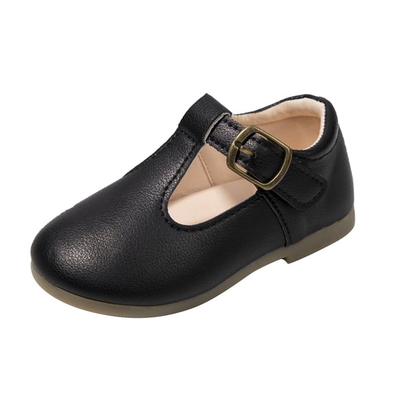 GiLiling Toddler Girls T-Strap Mary Jane Flats, Adjustable Buckle Closed Toe Dress Shoes, Non Slip Rubber Sole First Walkers for Kids (Black, 12-15 Months)