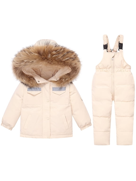 Toddler Girls Winter Snowsuit Set - Hooded Puffer Coat and Ski Bib Pants, 2 Piece Snow Outfit (Beige, 4-5 Years)