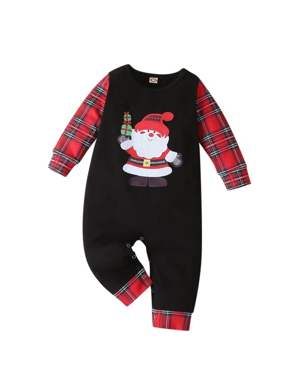 Toddler Kids Girls and Boys Cute Christmas Cartoon Xmas Elf Santa Prints Jumpsuit Fall Winter Clothes (Black, 12-18 Months)