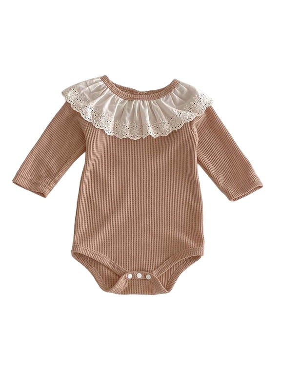 Toddler Knit Rompers Lace Hollow Collar Long Sleeve Plain Bodysuits Baby Infant Stretchy Ribbed Jumpsuits Clothes (Khaki, 9-12 Months)