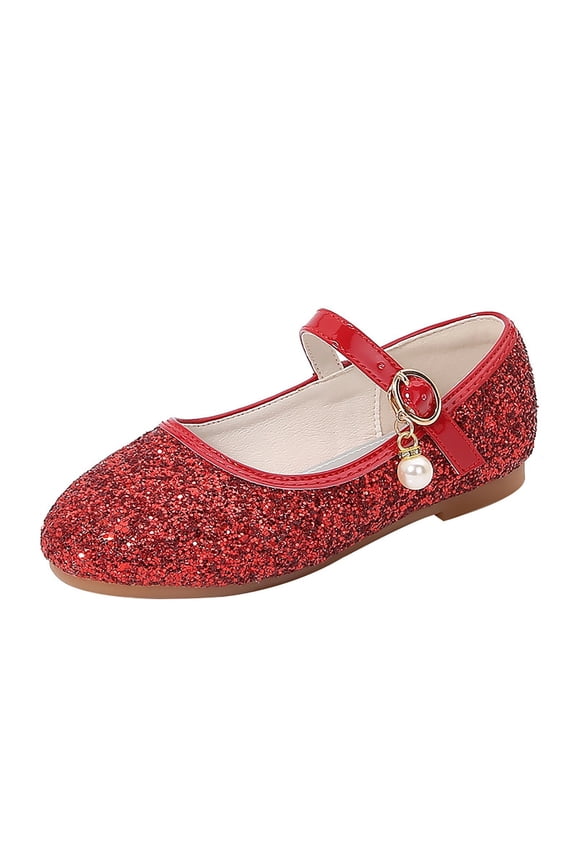 Toddler Little Girl Glitter Mary Jane Flats, Sparkly Princess Dress Shoes with Pearl Charm, Non Slip Flower Girl Shoes for Wedding Party School (Red, 3-3.5 Years)