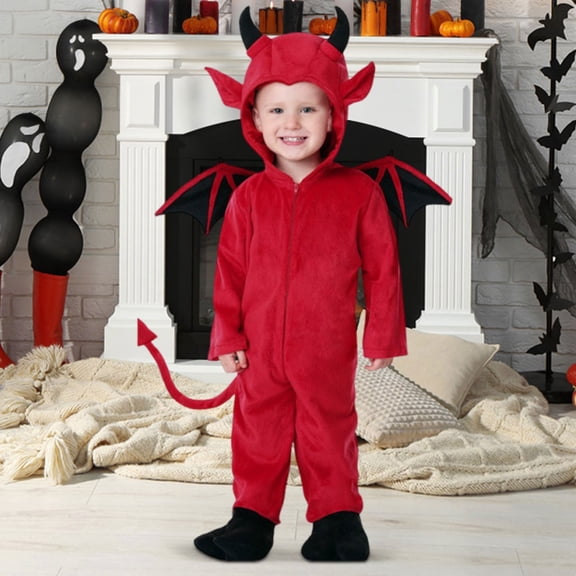 GiLiling Toddler Plush Halloween Devil Graphic Jumpsuit with Wings and Tail, Attached Wings, Halloween Dress Up Party Photo Props