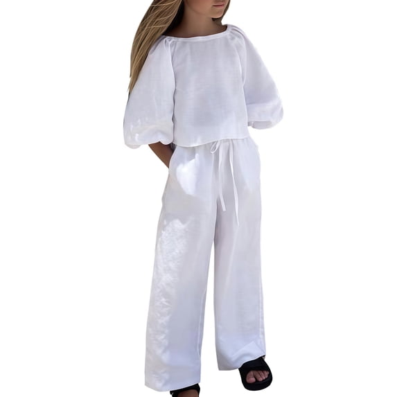GiLiling Toddler Teen Girls Cotton Linen Outfit Set - Mid Sleeve Tie Waist Top with Casual Trousers 2 Piece Set (White, 5-6 Years)