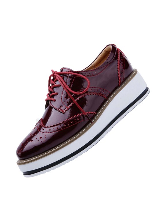 Women's Platform Oxfords Fashion Wingtip Round Toe Comfort Lightweight Height Increasing Leather Creepers Causal Lace up Shiny Patent Dress Shoes (Wine, 6)