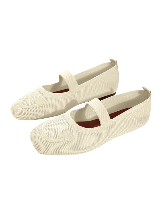 Womens Woven Ballet Flats Foldable Mary Jane Shoes for Casual Wear Woven Knit Texture Breathable Upper Cushioned Sole Fall Shoes (Beige, 6.5)