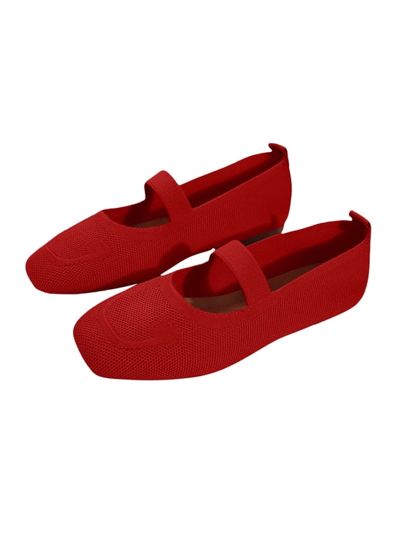 Womens Woven Ballet Flats Foldable Mary Jane Shoes for Casual Wear Woven Knit Texture Breathable Upper Cushioned Sole Fall Shoes (Red, 6.5)