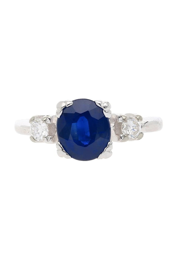 Gia Cert. 1.85 Carat Oval Blue Sapphire & Diamond 14k White Gold 3 Stone Ring