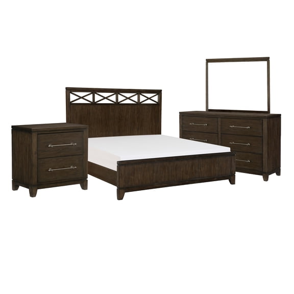 Gia Four Pc Queen Bedroom Set, X Accents on Headboard, Dark Brown Wood, Modern Style