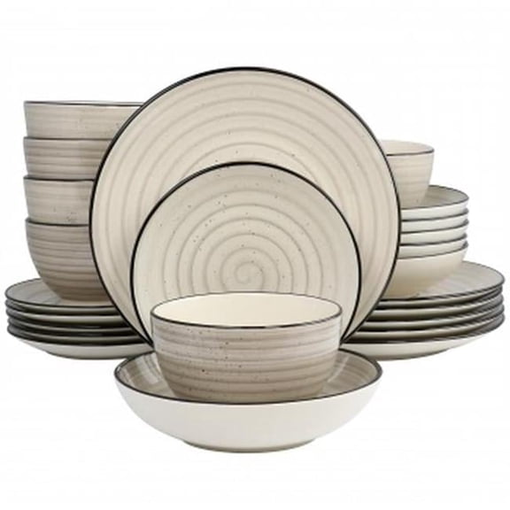 Gia Round Dinnerware Set - Cream - 24 Pieces - Hand-Painted Design