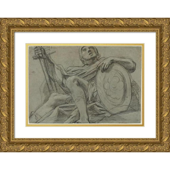 Giacomo Cavedone 14x11 Gold Ornate Wood Frame and Double Matted Museum Art Print Titled - Seated Warrior Holding a Sword and Shield (Recto) (C. 1612)