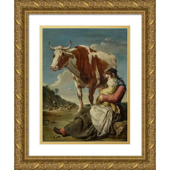 Giacomo Ceruti 12x14 Gold Ornate Wood Frame and Double Matted Museum Art Print Titled - A Mother and Her Child Milking a Cow in a Landscape, a Group of Peasants and Animals Beyond