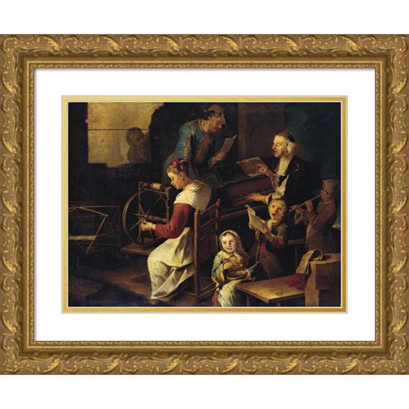 Giacomo Francesco Cipper 24x19 Gold Ornate Framed and Double Matted Museum Art Print Titled - Domestic Scene with Musicians and Woman Spinning (ca. 1720 - 1730)
