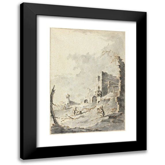 Giacomo Guardi 18x24 Black Modern Framed Museum Art Print Titled - Capriccio of Classical Ruins with a Fortress