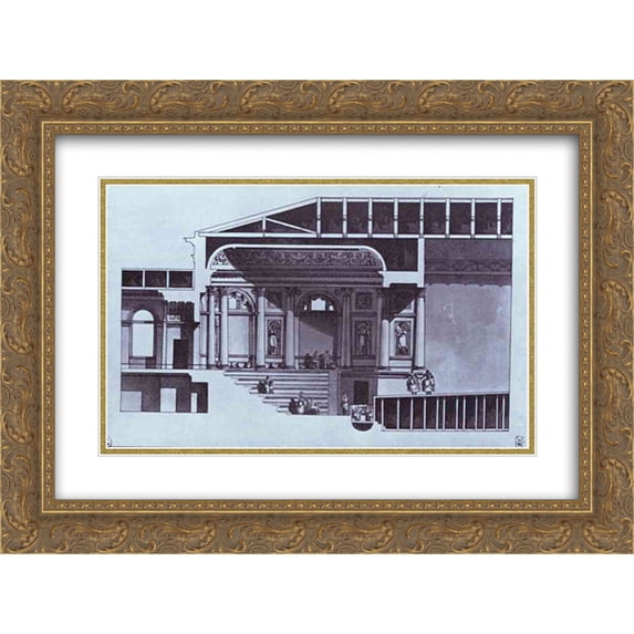 Giacomo Quarenghi 2x Matted 24x18 Gold Ornate Framed Art Print 'Design of the Hermitage Theater in St. Petersburg (section)'