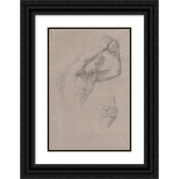 Giacomo Zoboli 11x14 Black Ornate Wood Framed Double Matted Museum Art Print Titled: Studies of a Young Man Holding a Stone (18th Century)