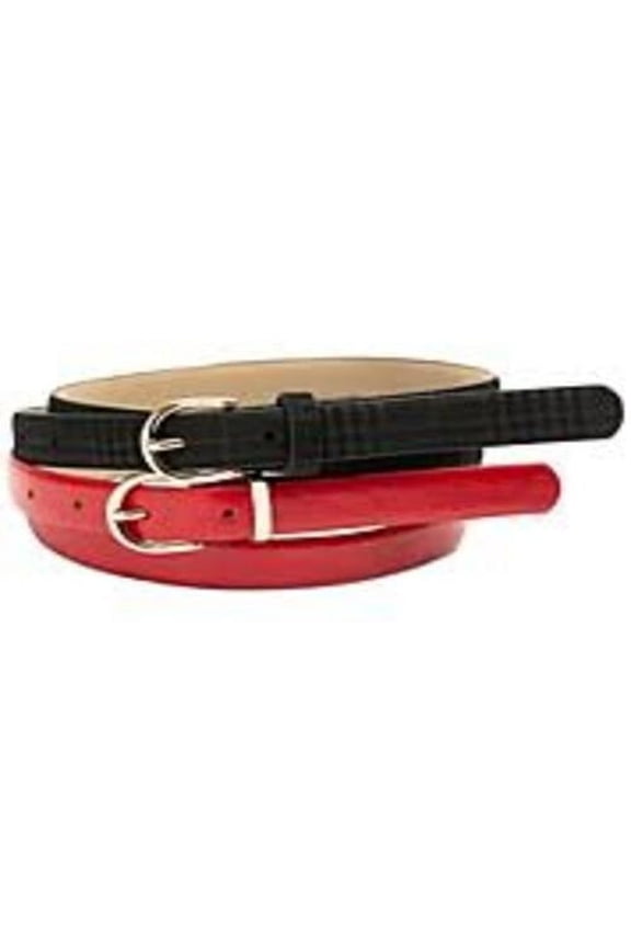 Plaid &amp; Smooth Belts, Set of 2, Dark Red/Black, Large