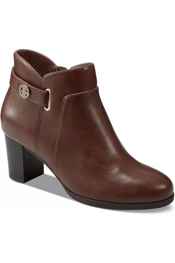 Womens Brown Logo Hardware Strap Detail Cushioned Slip Resistant Artemyss Round Toe Block Heel Zip-Up Heeled Boots 11 M