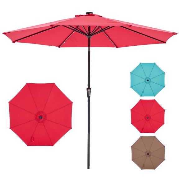 Gianna 10 ft Patio Umbrella for Table, Outdoor Sun Umbrella with 32 LED Solar Lights, Red