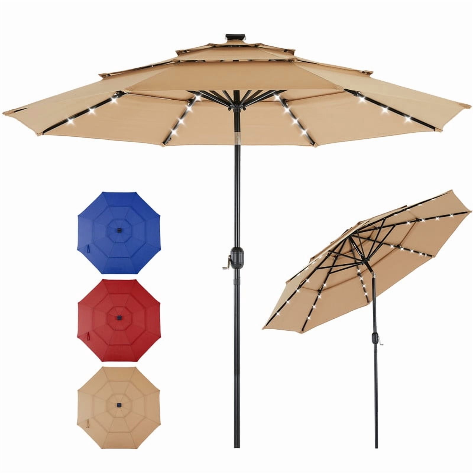 Gianna 10FT 3-Tier Solar Patio Umbrella with 32 LED Lights, Outdoor Umbrellas with Push Button Tilt and Crank,Khaki-1